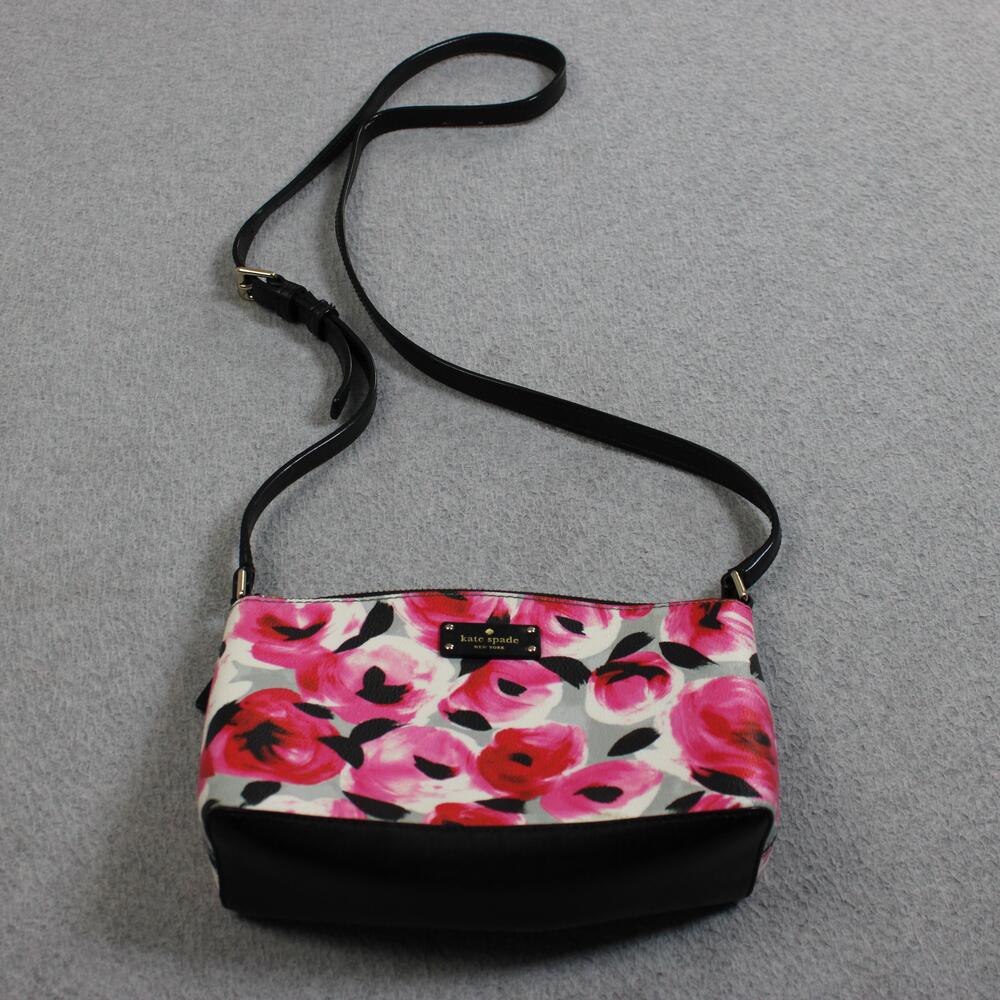 Kate Spade Crossbody Purse Bag Women Small Pink Floral Black Leather Zip Strap